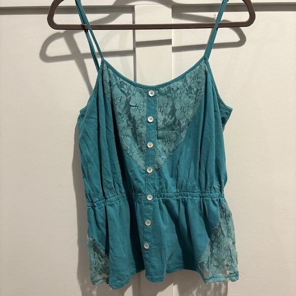 Y2K Fairy Tank Size XL Teal Lace Inset Festival Button Front Surf Beach Coquette - Picture 3 of 11
